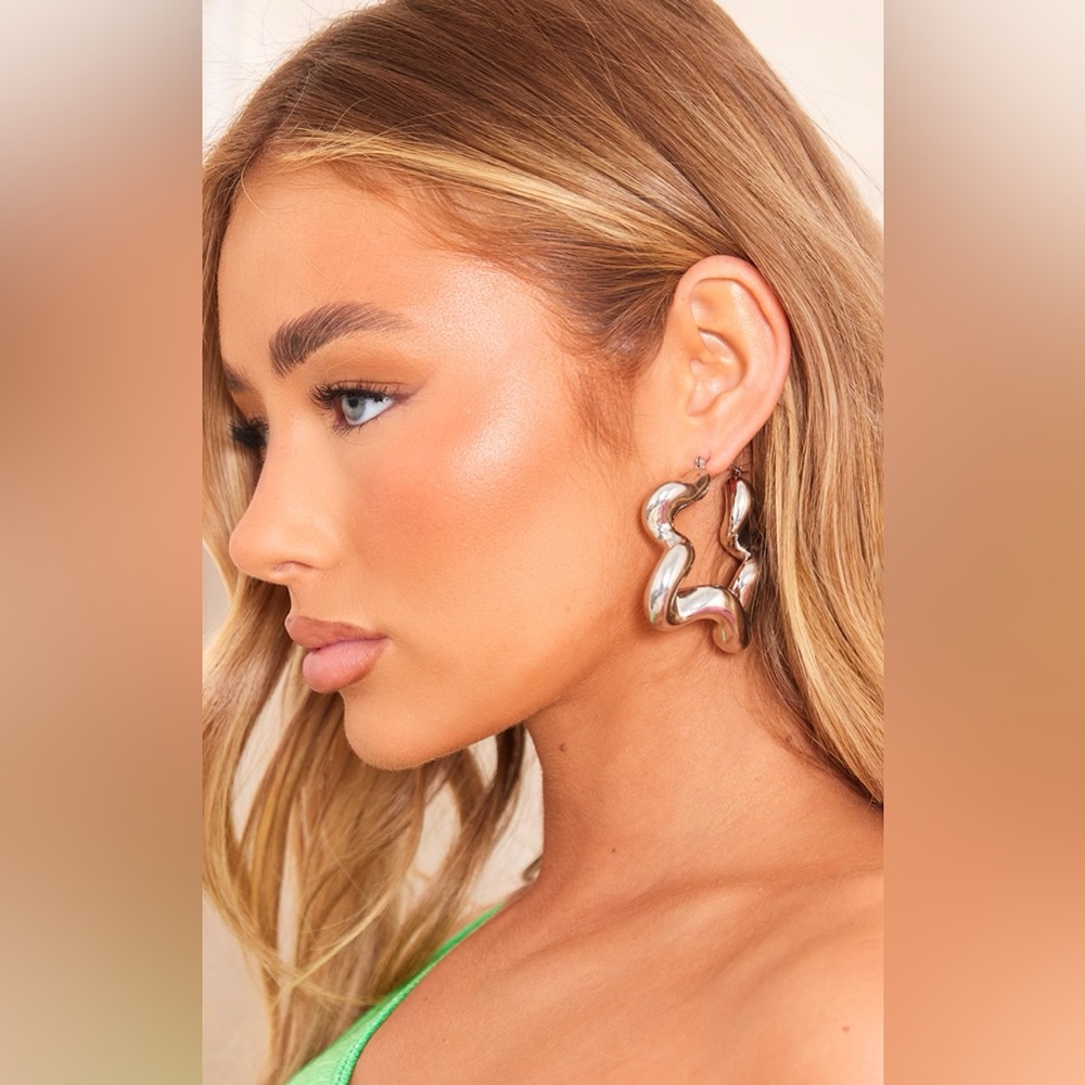 PrettyLittle Thing Silver Twisted Abstract Statement Hoop Earrings - BNWT